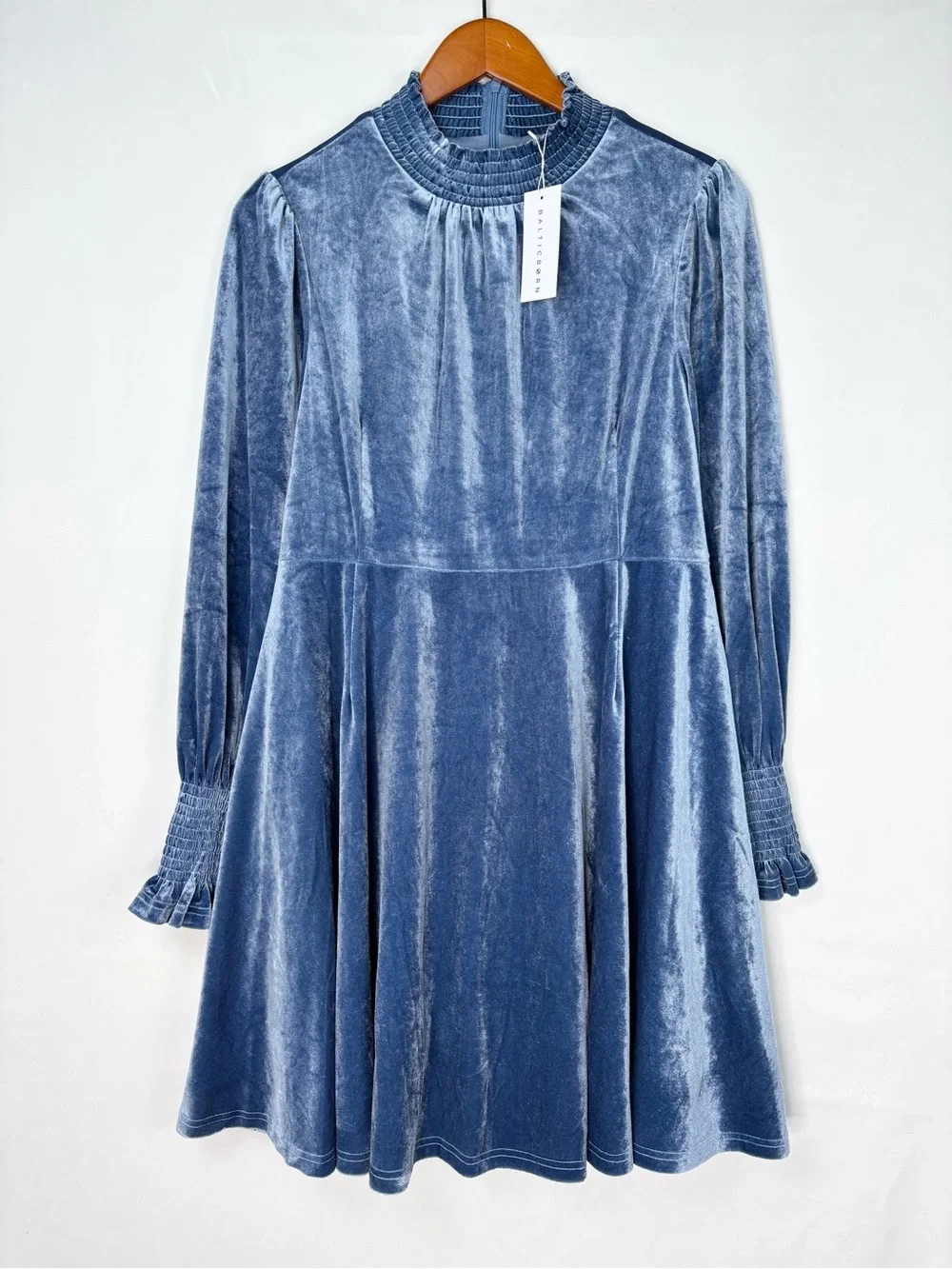 NEW Baltic Born Tina Velvet Short Dress Blue Size L Mini Mock Neck Long Sleeve